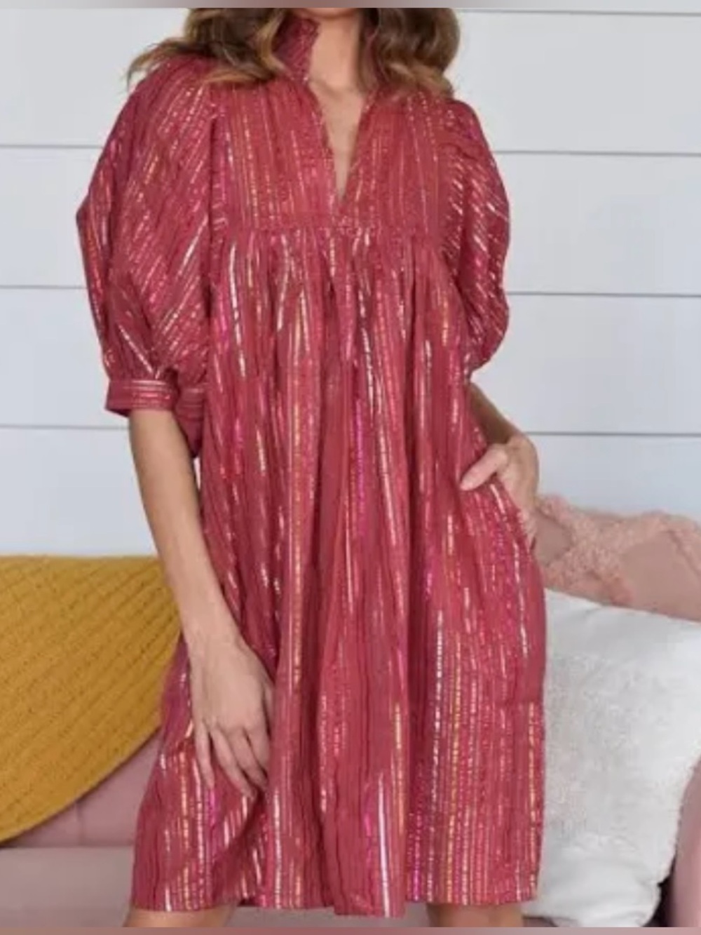 Never A Wallflower Pink Metallic Striped Puff Sleeve Mini Dress M